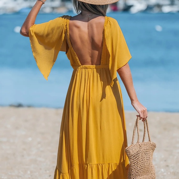 Sunflower Yellow Plunging Butterfly Sleeve Maxi Dress BOHO - Picture 3 of 9